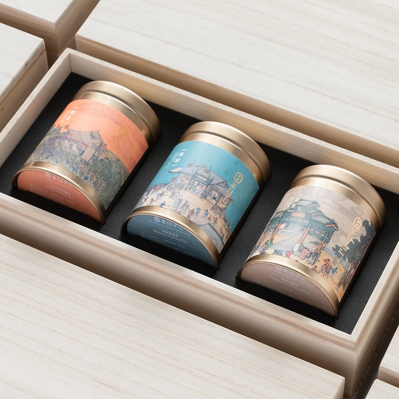 [Tea Bag Gift Box] Qingming Scene Along the River Paulownia Wood Gift Box | 3 cans for souvenirs/corporate gifts - Tea - Fresh Ingredients Gold