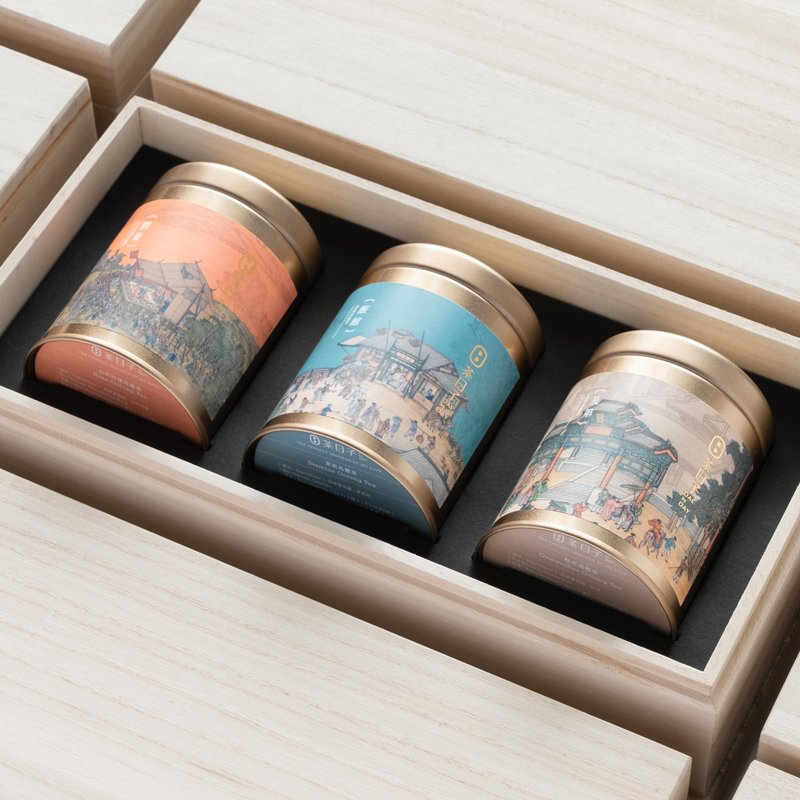 [Mid-Autumn Festival Gift] Scene Along the River During Qingming Festival Paulownia Wood Gift Box | 3 cans for corporate gifts/Mid-Autumn Festival Gift Box - ชา - อาหารสด สีทอง