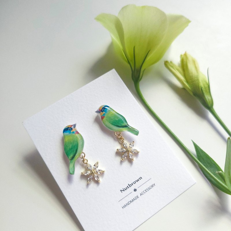 Bird series-Taiwan endemic five-color bird zircon flower earrings/ Clip-On - Earrings & Clip-ons - Resin 