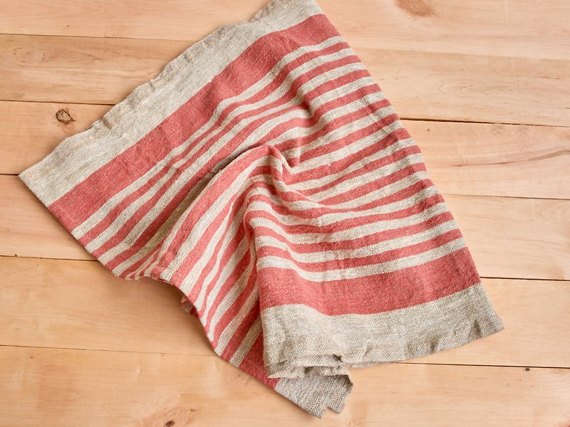 Set of 2 red striped rustic linen kitchen tea towels, housewarming gift - 餐桌布/桌巾/餐墊 - 亞麻 紅色