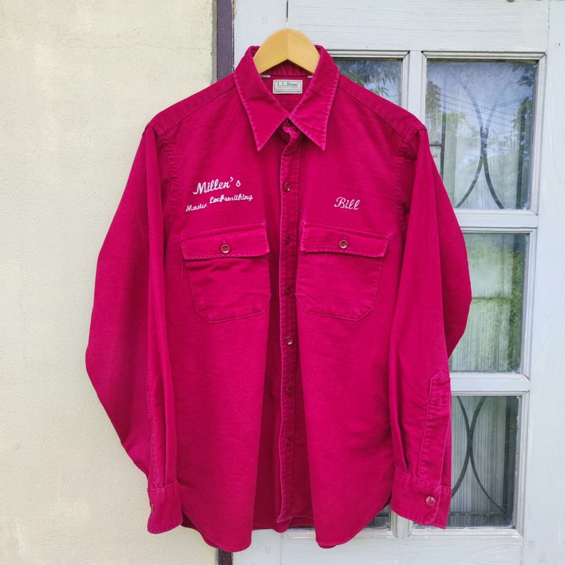 Vintage 80s LL Bean Magenta Red Cotton Chamois Cloth Button Front Shirt - เสื้อเชิ้ตผู้ชาย - วัสดุอื่นๆ สีแดง