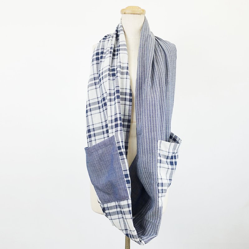 Variety pocket loop towel / light blue grid + gray blue straight grain / at least 10 variations - ผ้าพันคอถัก - ผ้าฝ้าย/ผ้าลินิน สีน้ำเงิน