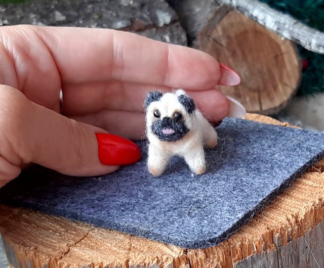 Tiny PUG Needle felted dog Miniature animal Miniature Phone charm KEY RING Shop TINYFELT696 Stuffed Dolls Figurines Pinkoi