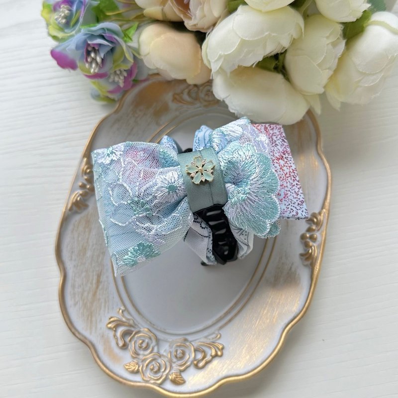 American brand lace cotton bow grabber hairpin hair accessories - light blue - เครื่องประดับผม - ผ้าฝ้าย/ผ้าลินิน สีน้ำเงิน