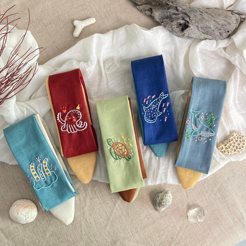 海的靈感夏日版-撞色蝴蝶結海洋風手刺繡髮帶 - 髮箍/髮帶 - 繡線 多色