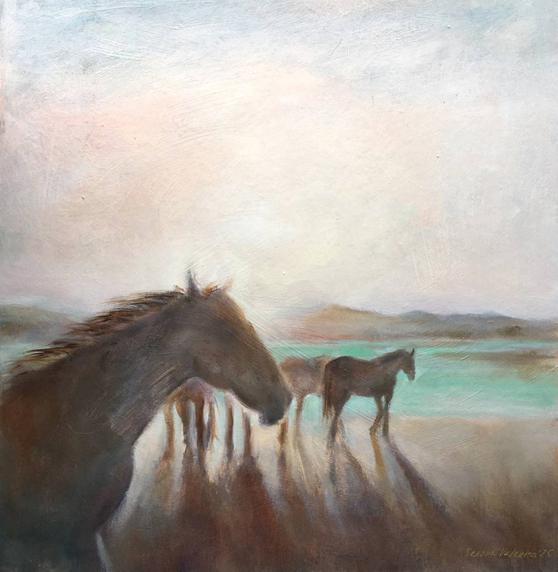Painting Original landscape field horse animals sunset wall art decor - 壁貼/牆壁裝飾 - 其他材質 白色