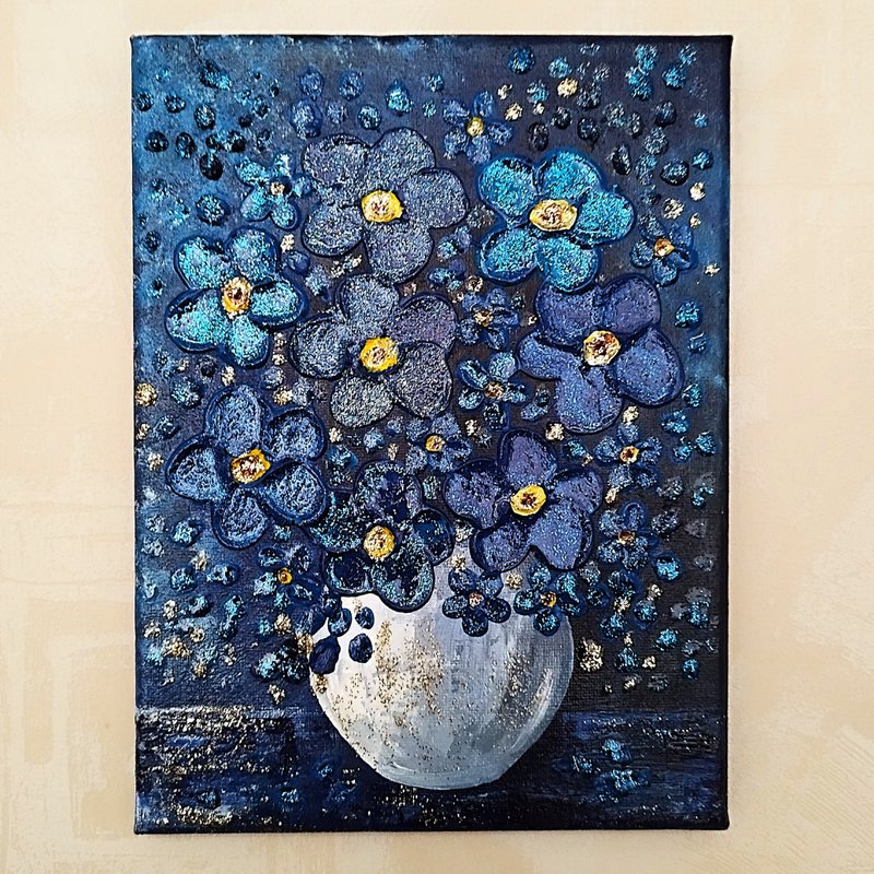 Textured Painting of Blue Forget-me-nots Bouquet Wall Decor Floral Art Impasto - 壁貼/牆壁裝飾 - 壓克力 藍色