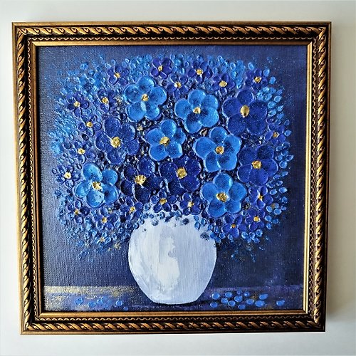 Artpainting Textured Painting of Blue Forget-me-nots Bouquet Unique Forget-me-not Floral Art