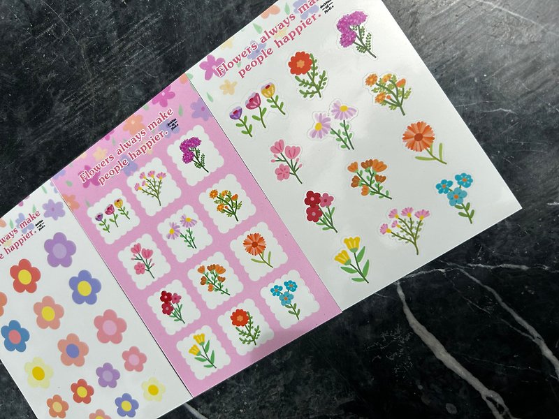 Cute Cute Flowers Stickers Set (3 sheets 3 design) - 貼紙 - 紙 多色