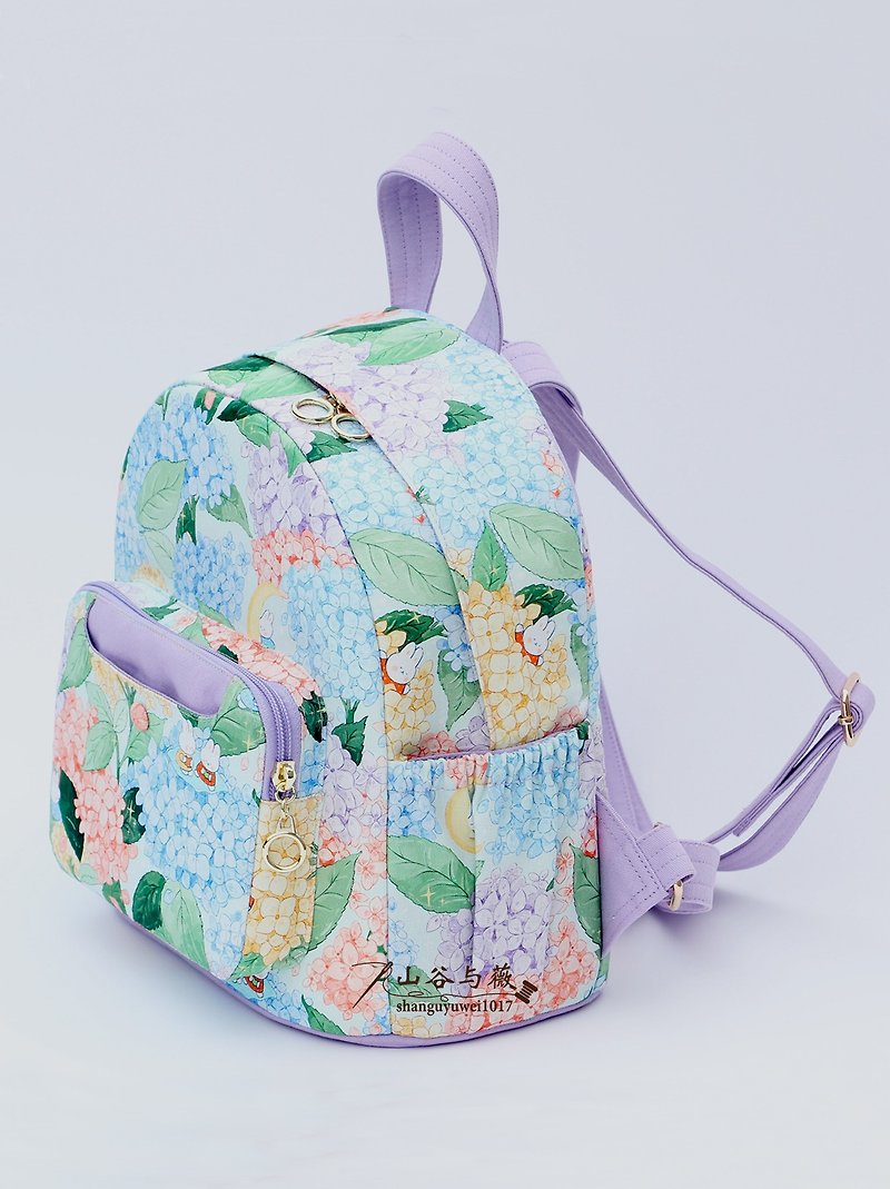 Colorful hydrangea backpack/backpack|fabric backpack - กระเป๋าเป้สะพายหลัง - ผ้าฝ้าย/ผ้าลินิน สึชมพู