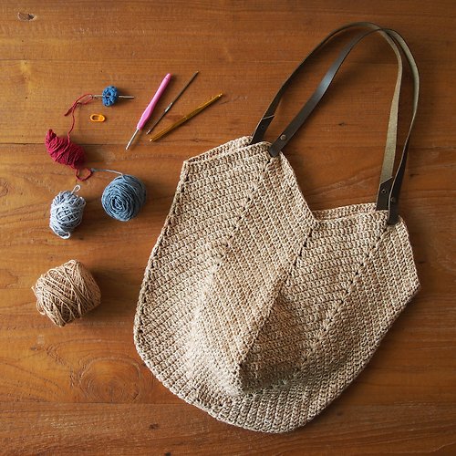 manyjoystudio Handmade Granny square crochet shopping bag mixs Brown and Natural
