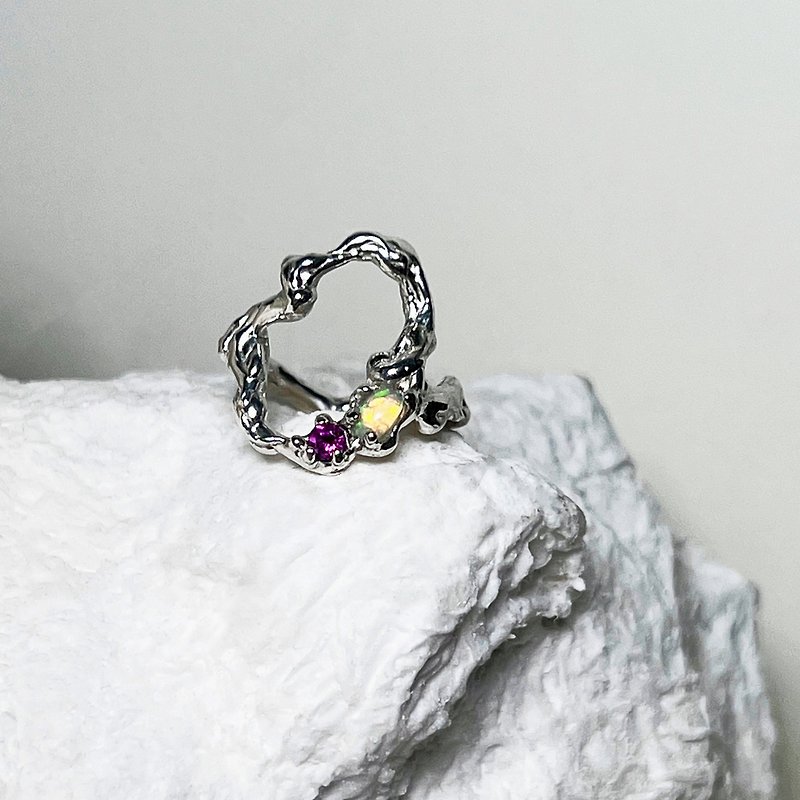 Opal蛋白石/ Rhodolite Garnet玫瑰石榴石 圓滿 純銀 寶石戒指 - 戒指 - 寶石 多色