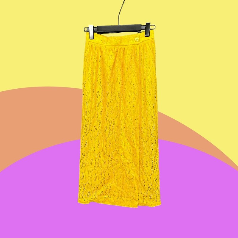 二手 一片裙 蛋花色 蕾絲布 高腰 長裙 CA313 - 裙子/長裙 - 聚酯纖維 黃色
