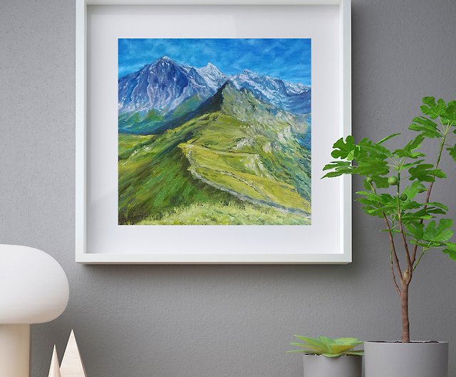 アルプスの絵画、山の風景の油絵、山のオリジナルのアートワーク