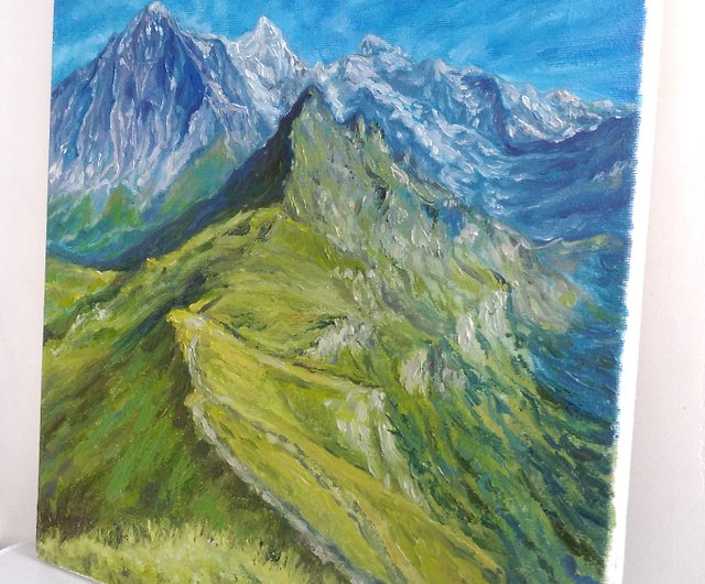 アルプスの絵画、山の風景の油絵、山のオリジナルのアートワーク