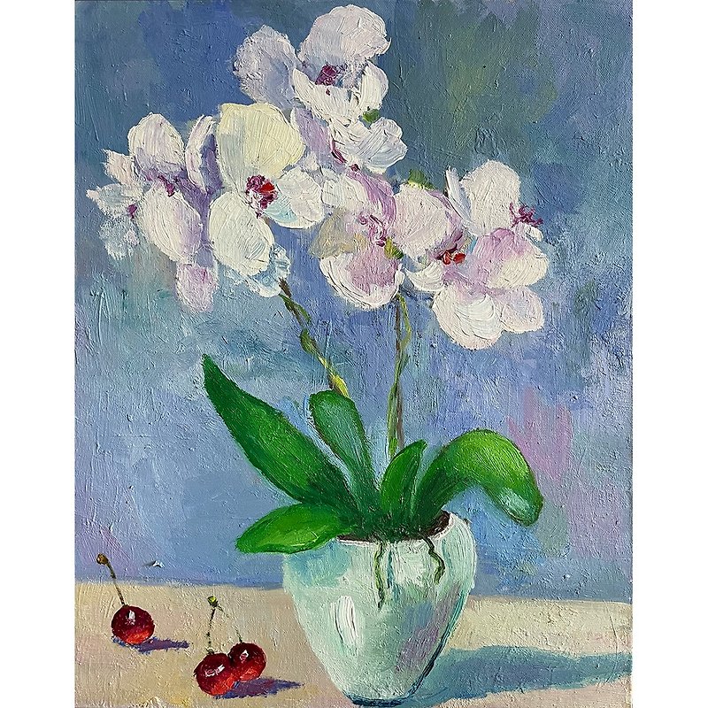 White Orchid Hand-painted Oil Painting, Potted Phalaenopsis, Flower Paintings - Posters - Cotton & Hemp 
