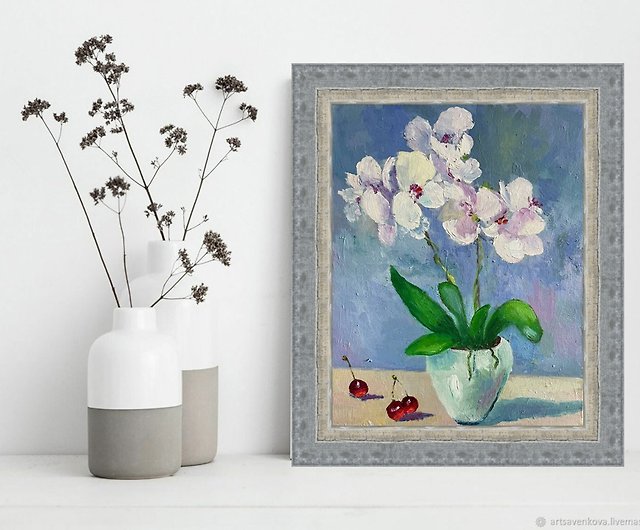 白蘭手描き油絵、胡蝶蘭の鉢植え、花の絵 - ショップ タチアート絵画館