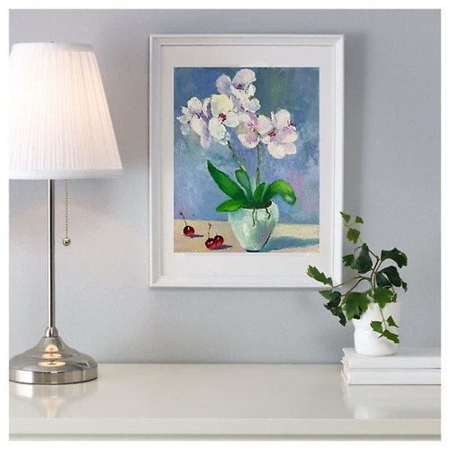 白蘭手描き油絵、胡蝶蘭の鉢植え、花の絵 - ショップ タチアート絵画館 
