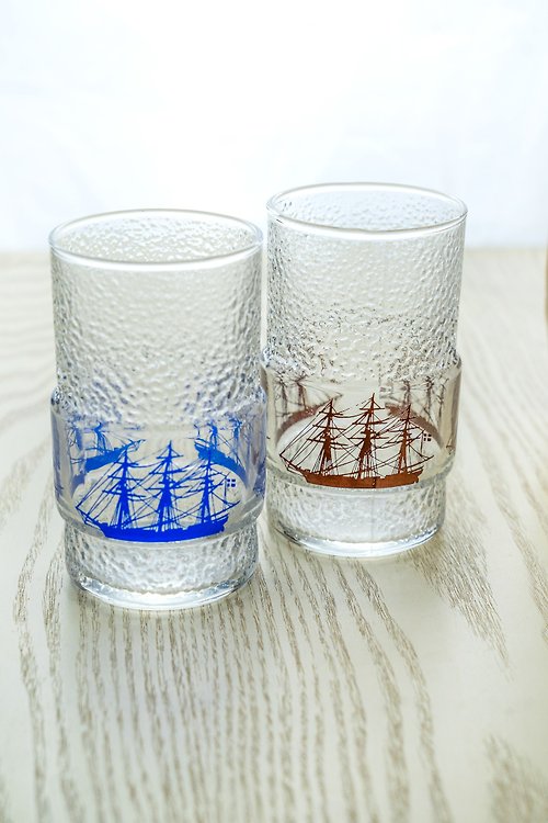 小小舊貨市集 日本製 昭和復古 HOYA 帆船印花玻璃杯 庫存新品 台灣免運