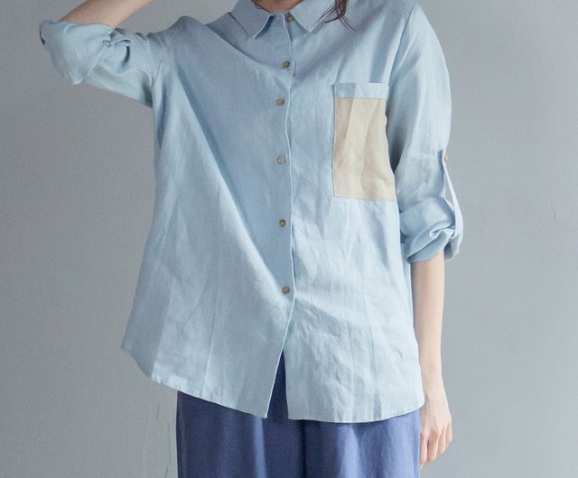 Color Matching Design Pocket Shirt Top Blue F - Shop simplyyours