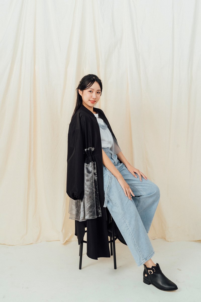 紗裙波浪風衣外套 - 女大衣/外套 - 其他人造纖維 黑色