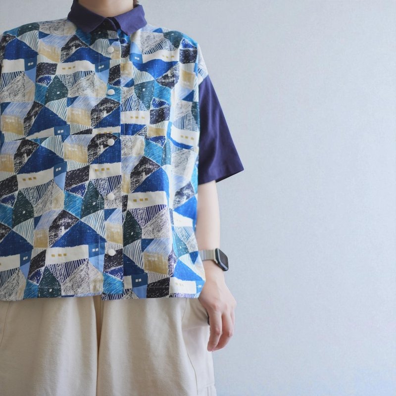 限量一件拼接小屋棉麻襯衫 - 女襯衫 - 棉．麻 藍色