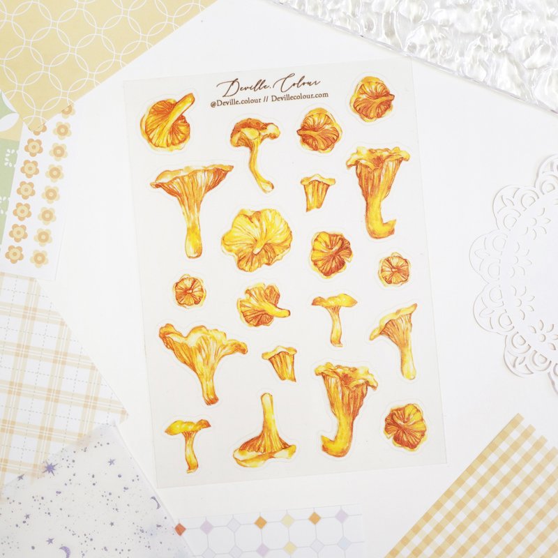 【Chanterelle Mushroom】PET White Ink Sticker Sheet - สติกเกอร์ - พลาสติก สีเหลือง