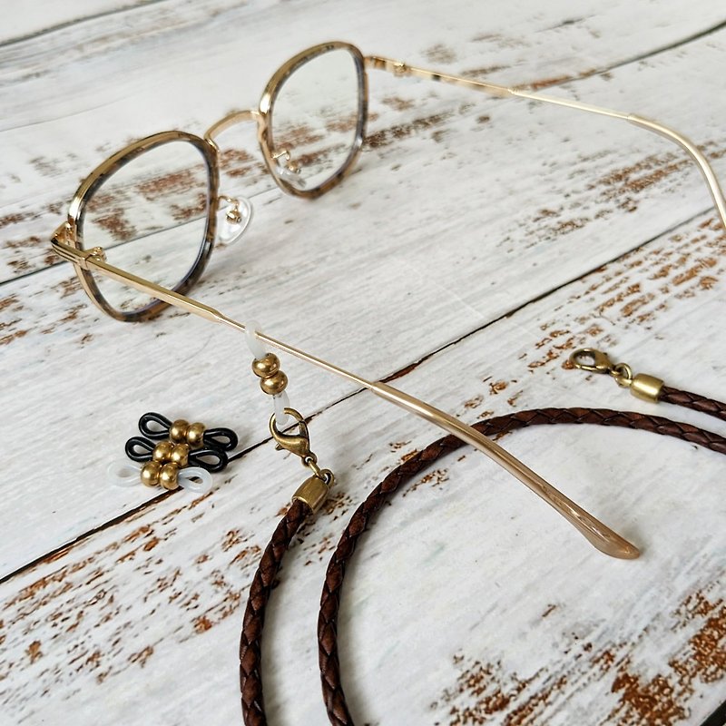 3mm, 4mm dark brown braided leather cowhide rope bronze fastener glasses chain mask chain dual-purpose chain - เชือก/สายคล้อง - หนังแท้ สีนำ้ตาล