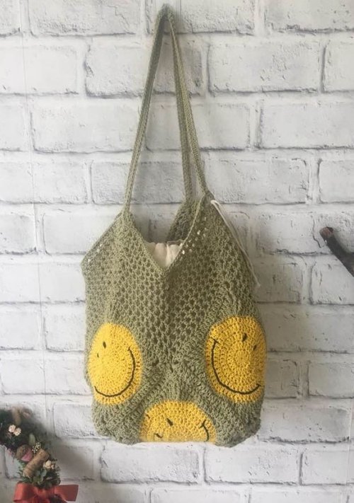 愛編織 編織愛 Love to Knit, Knit for Love 手作純棉大微笑大容量編織包附內袋/肩揹包/購物袋/渡假包~抹茶綠