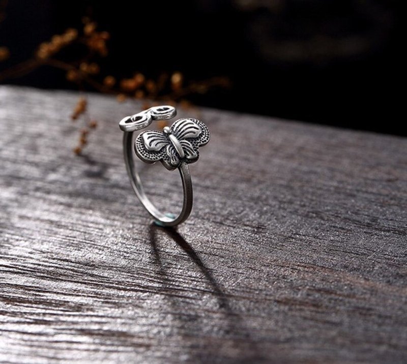 Real 925 Sterling Silver Handmade Carved Butterfly Finger Rings for Women - แหวนทั่วไป - เงินแท้ สีเงิน