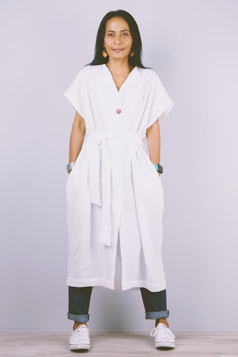 Minimal comfy dress, loose fit dress, split front, pockets with belt - One Piece Dresses - Cotton & Hemp White