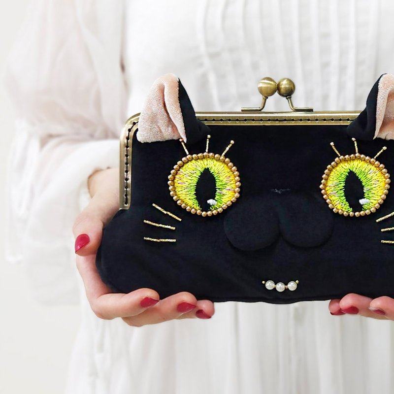 Lady Black Cat Long Clip Wallet Crossbody Shoulder Kiss Lock Bag Black Silver - กระเป๋าสตางค์ - เส้นใยสังเคราะห์ สีดำ