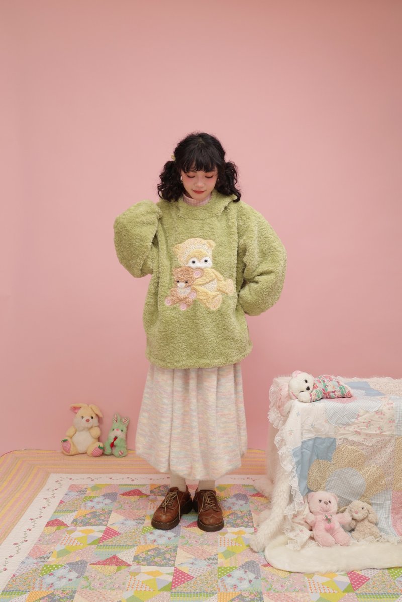 昭和少女 玩偶貼布毛絨連帽外套 - 女上衣/長袖上衣 - 其他材質 綠色