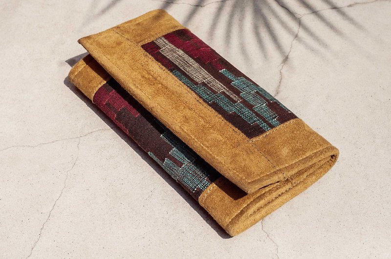 Long Leather Long Wallet Coin Purse Woven Wallet - Moroccan Geometric Totem Suede Genuine Leather Wallet - กระเป๋าสตางค์ - หนังแท้ หลากหลายสี