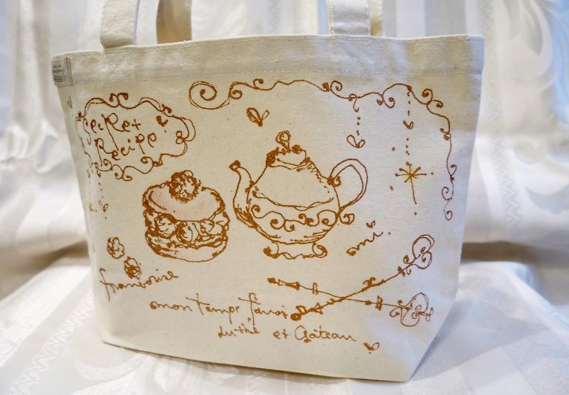 Direct drawing tote bag (tea time W) - กระเป๋าถือ - ผ้าฝ้าย/ผ้าลินิน 
