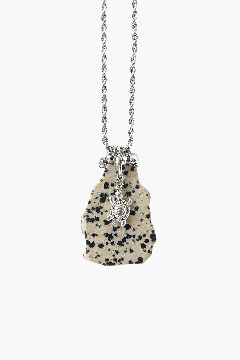 Raw Dalmatian Stone Necklace with Cute Turtle Charm - Necklaces - Gemstone Black