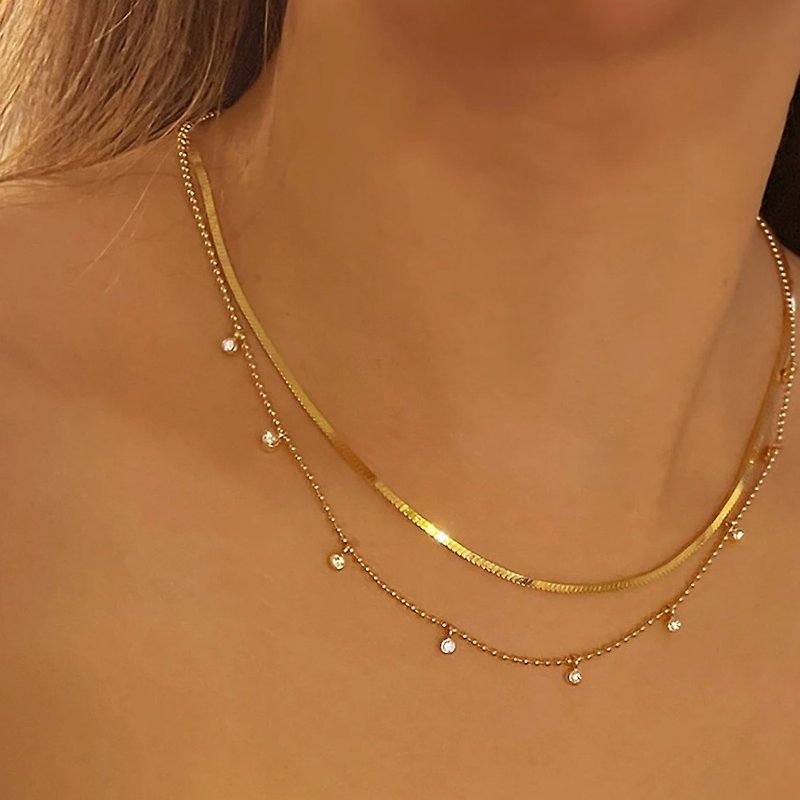【CReAM】Belen 18K Gold Plated Nine Bright Diamond Round Diamond Stone Bead Gold Necklace for Women - สร้อยคอ - โลหะ 