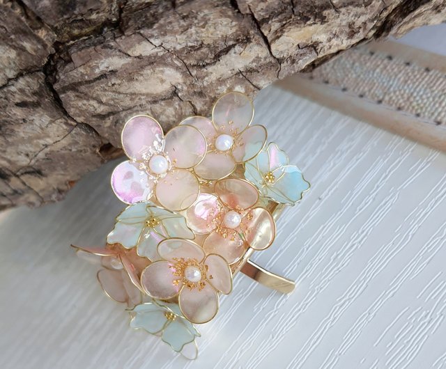 ハンドメイド 針金 レジン ピンク花 四角い