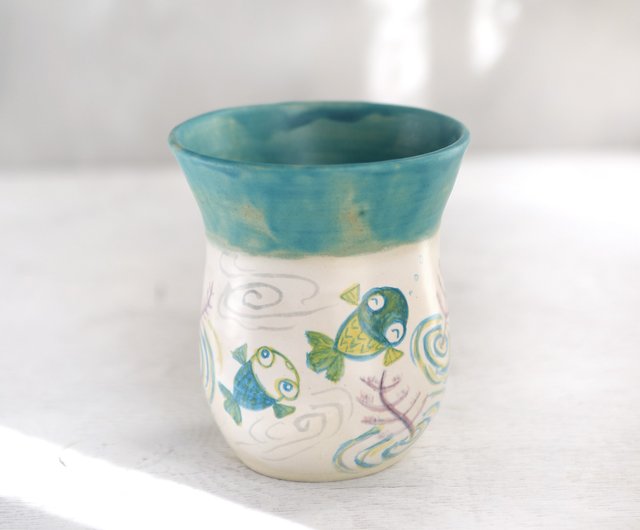 水草と青い金魚絵の花器 - Shop harunobukohboh Pottery & Ceramics