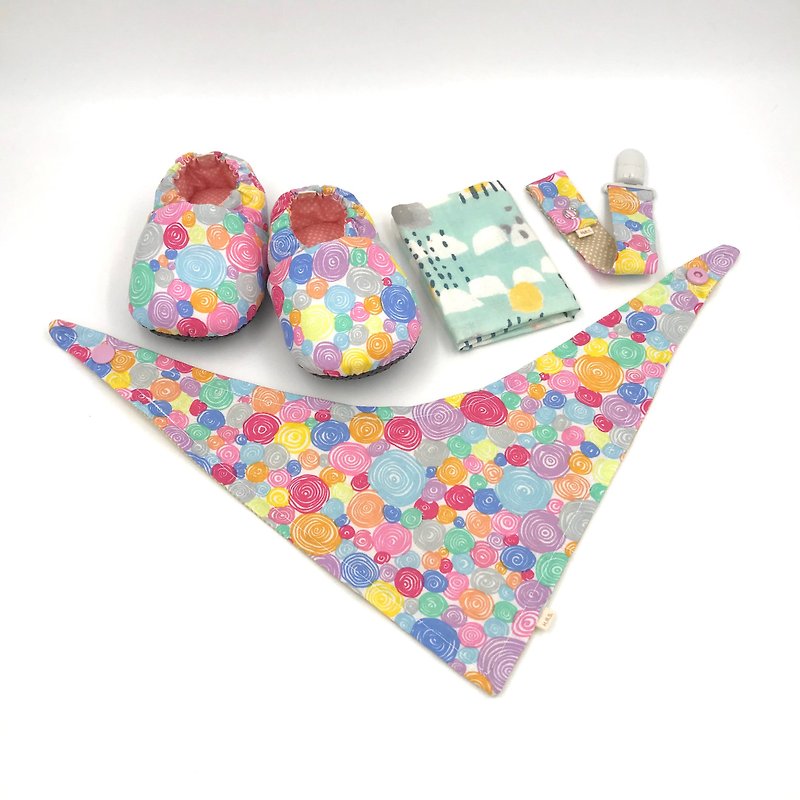 彩色圈圈-學步鞋/寶寶鞋/嬰兒鞋+奶嘴夾+領巾+手帕 - 彌月禮盒 - 棉．麻 粉紅色