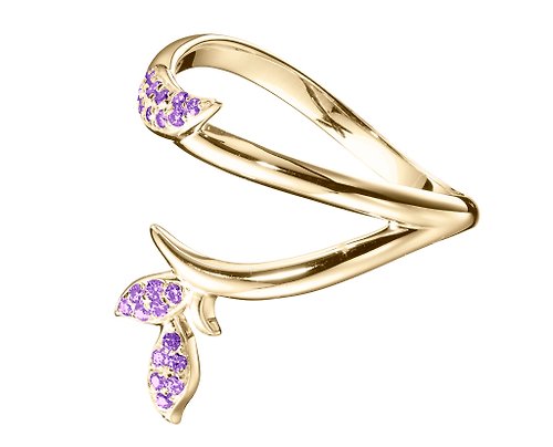 Majade Jewelry Design 密釘鑲紫水晶14k黃金結婚戒指 另類植物訂婚戒指 非傳統樹枝戒指