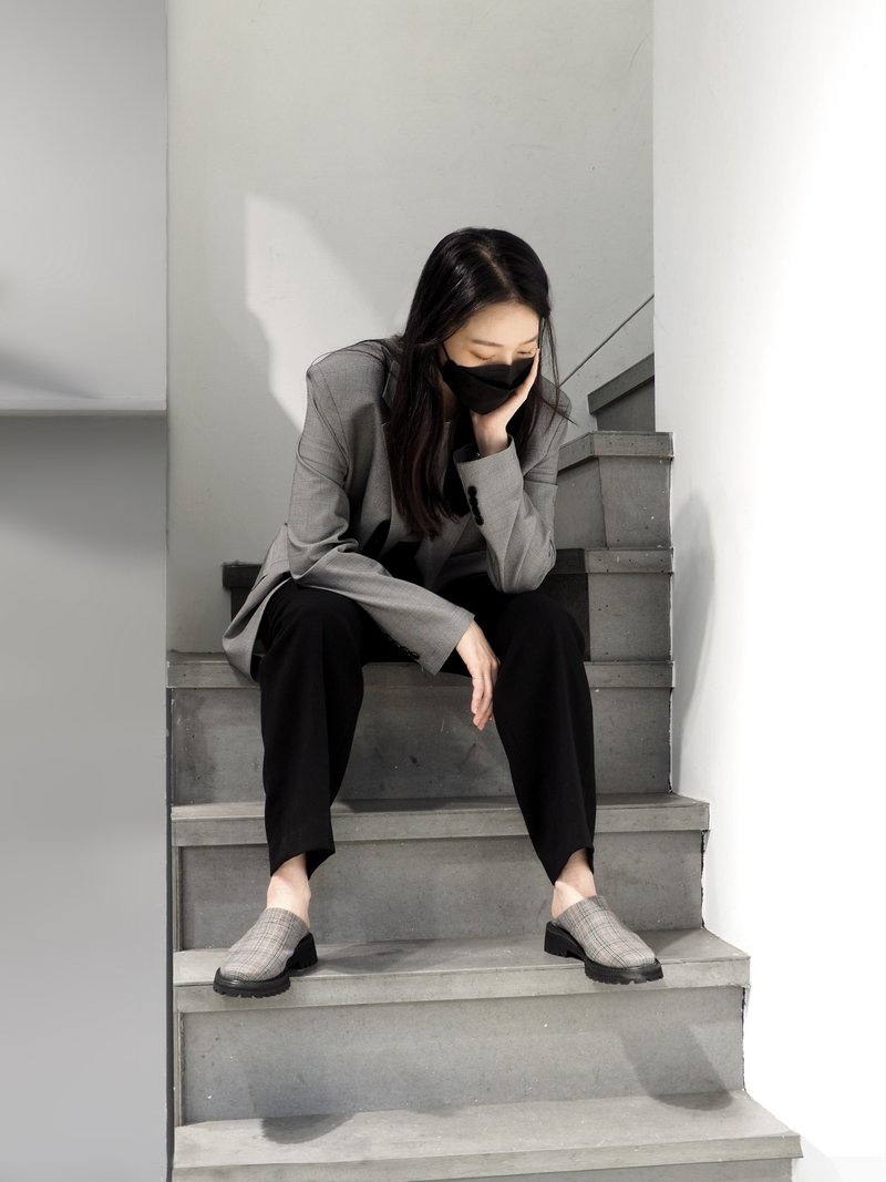 愛花穆勒- Anne - 拖鞋 - 棉．麻 灰色