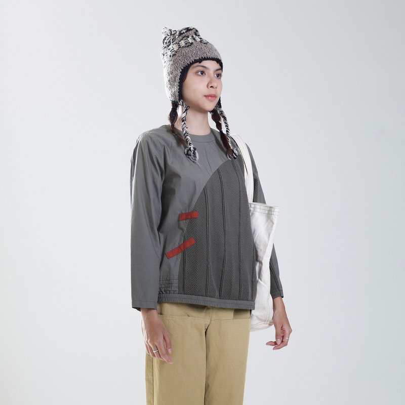 Repair patchwork top with different materials - Women's Tops - Cotton & Hemp Gray