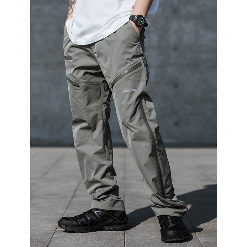 Light-sensing waterproof zipper casual pants high street performance loose straight trousers - กางเกงขายาว - วัสดุอื่นๆ สีเขียว