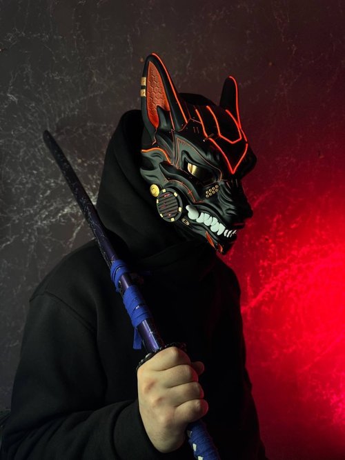 サイバーパンク狐面 ブラック レッド LED ライト サイバ パンク