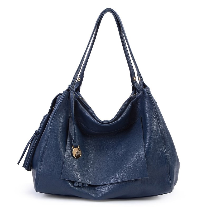 French girl's handsome bag_jazz blue_real leather shoulder bag _1974 - กระเป๋าแมสเซนเจอร์ - หนังแท้ สีน้ำเงิน