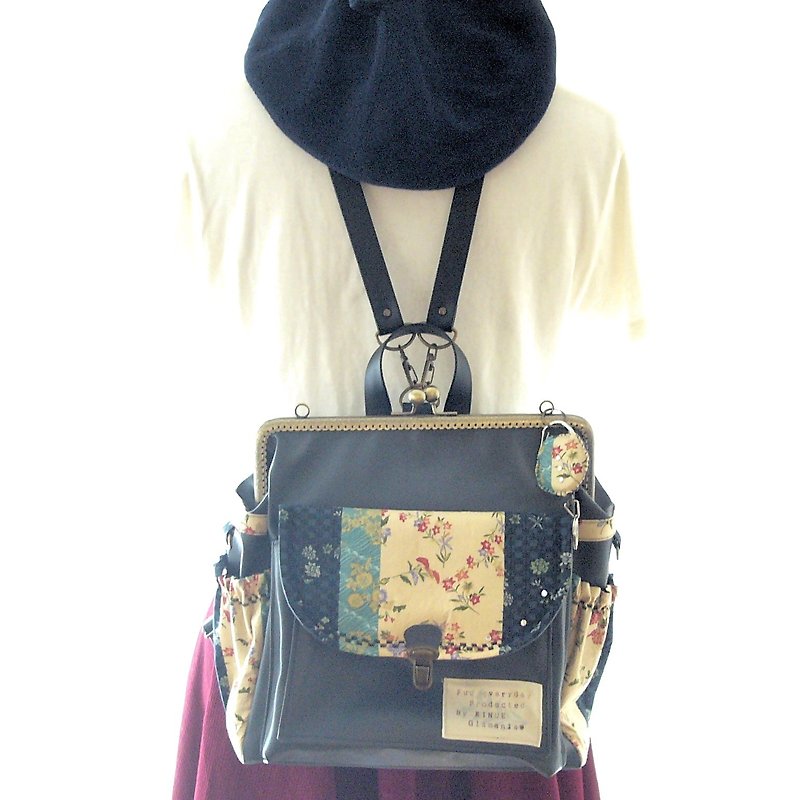 3 WAY back pocket & right zipper attaching backpack full set Japanese pattern N" - กระเป๋าเป้สะพายหลัง - หนังแท้ สีดำ