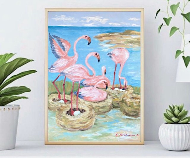 ピンクのフラミンゴ、粉紅火烈鳥、紙に油彩、油畫、抽象的な風景、自然