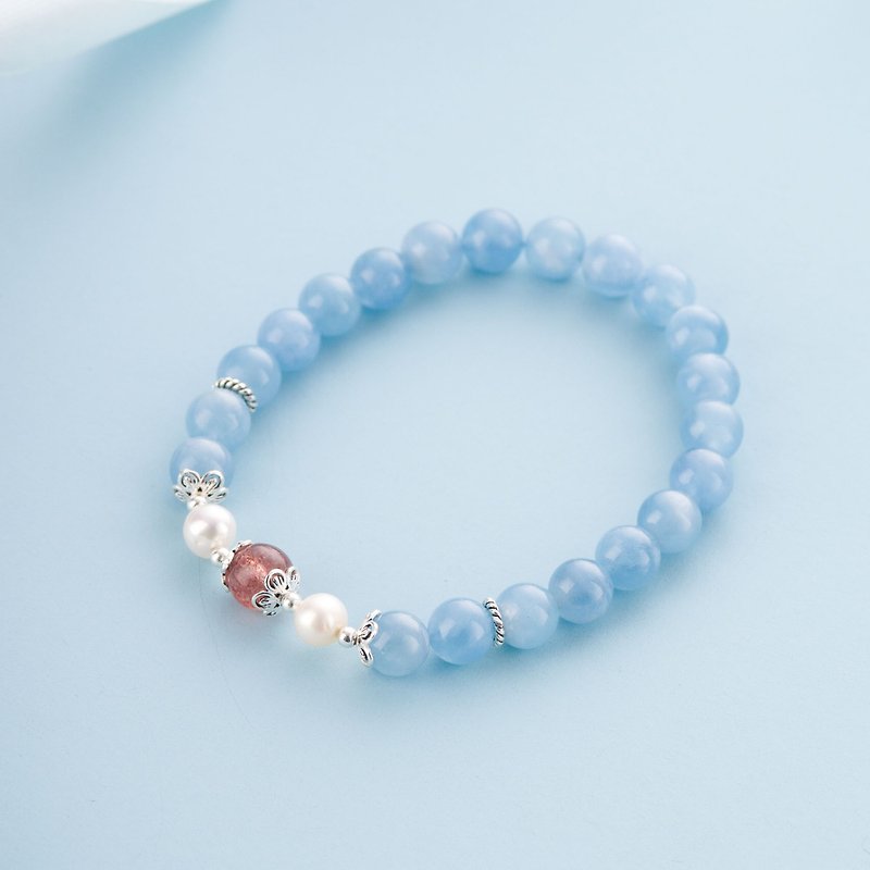 Aquamarine, Strawberry Rose Quartz, Pearl, 925 sterling silver Natural Gemstone - Bracelets - Crystal Blue