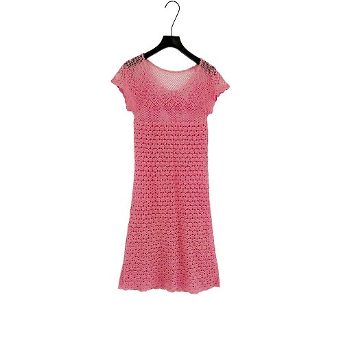 蘿綺莉蕾芭索 二手 粉紅色 針織 微硬挺 彈性 鏤空 短袖 洋裝 PF414